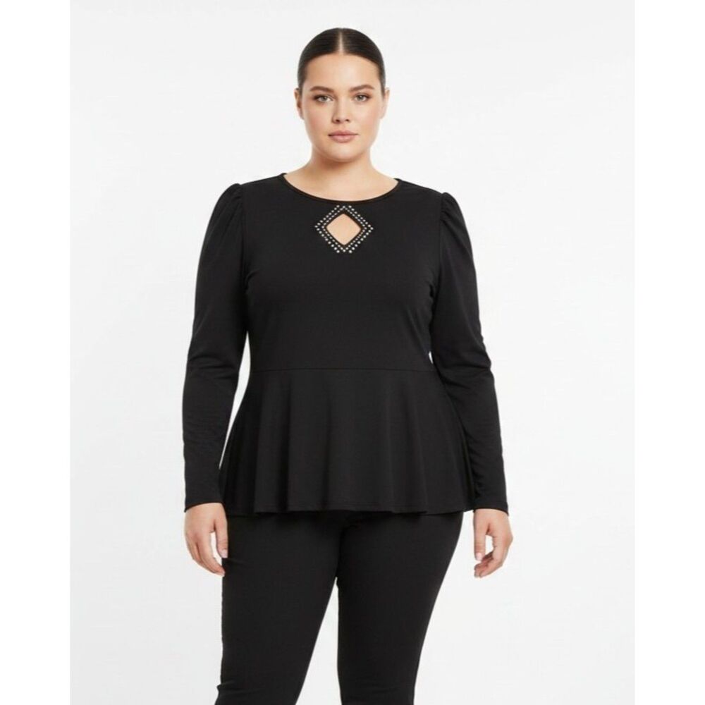 Love Forever ASHLEY STEWART Black Peplum Knit Top With Rhinestones, NWT! Size 1X